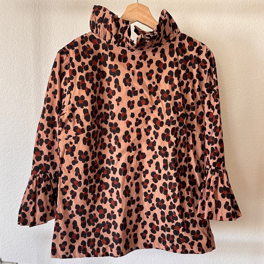NWT Elizabeth Wilson Corduroy Leopard Print Ruffle Top, SIZE SMALL